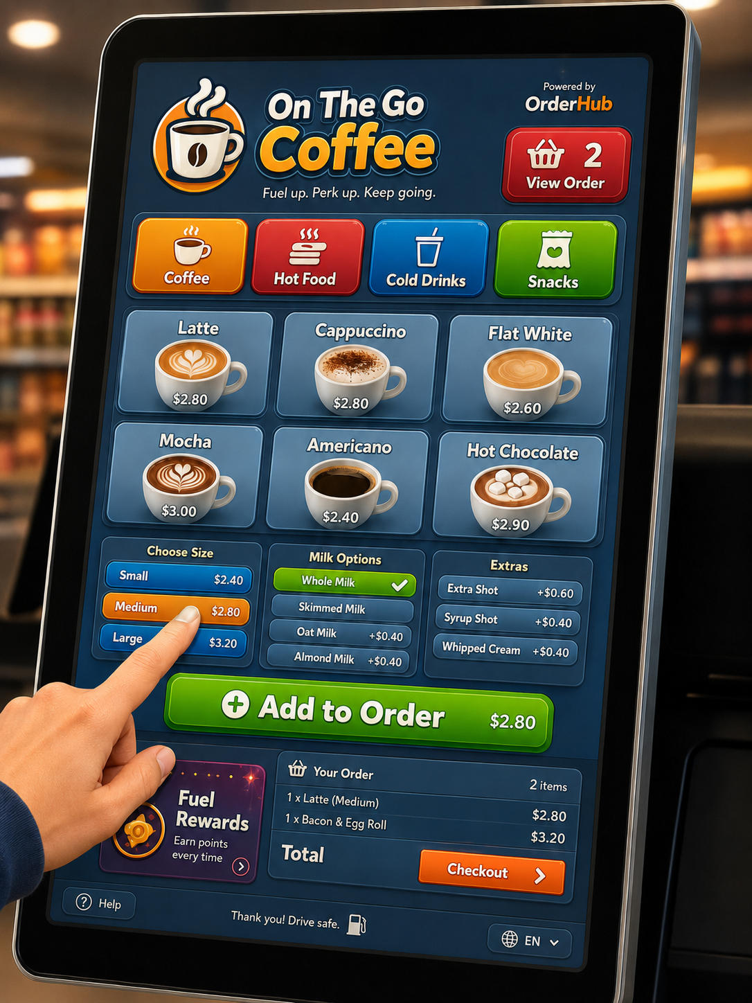 On The Go Coffee fuel pump ordering screen mock-up being used by a customer